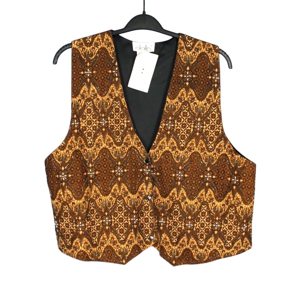 NWT Vintage DALIN PLUS Brown/Black PEARLS & BEADED PAISLEY PRINT Snap VEST Sz 1X